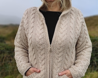 Irish Aran Long Hooded Cardigan With Pockets - Cream/Oatmeal -Pure Merino Wool -100% Wool -2 Way Zipper -Really Warm&Chunky- MADE IN IRELAND