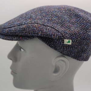 Traditional Irish Donegal Tweed Flat Cap - Dark Denim Herringbone With Fleck/Speckled - 100% Pure New Wool - Padded - HANDMADE IN IRELAND