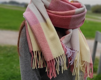 Irish Soft Lambswool Shawl, Oversized Scarf, Stole- Pale/Blue/Pink/Lemon Block Check - 100% Wool -71"X25"(180cm x 64cm)- HANDMADE IN IRELAND