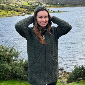 Irish Aran Long Hooded Cardigan With Pockets Dark Green Pure Merino Wool 100% Wool 2 Way Zipper Really Warm&Chunky MADE IN IRELAND image 2