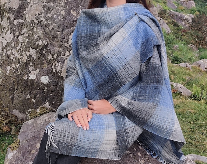 Irish Pure Lambswool Cape, Ruana, Wrap , Shawl - 100% Pure New Wool - grey/blue check - supersoft - one size fits all - HANDMADE IN IRELAND