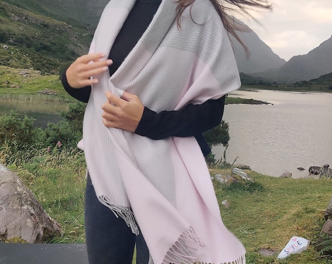 Extra Fine Merino Wool Wrap Shawl, Oversized Scarf,Stole - Baby Pink/Grey Glencheck-100% Pure New Supersoft Merino Wool -HANDMADE IN IRELAND