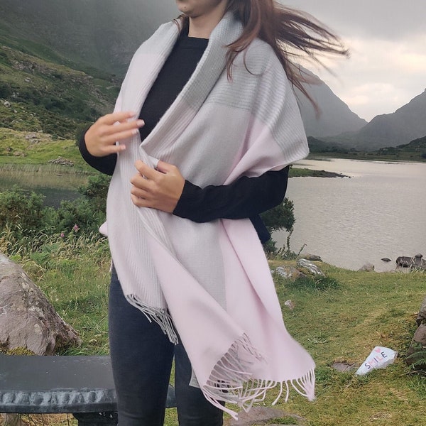 Extra Fine Merino Wool Wrap Shawl, Oversized Scarf,Stole - Baby Pink/Grey Glencheck-100% Pure New Supersoft Merino Wool -HANDMADE IN IRELAND