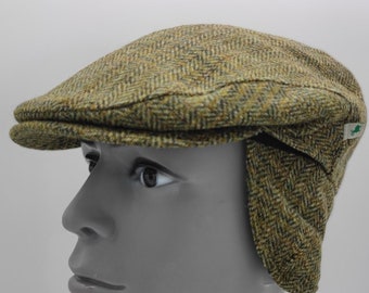 Traditional Irish Tweed Flat Cap With Foldable Ear Flaps - Green Tartan - Plaid - Check - 100% Pure New Wool - Padded - HANDMADE IN IRELAND