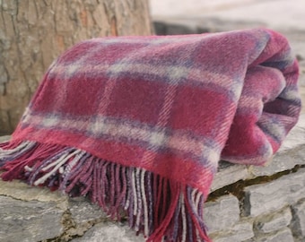 Large Irish Picnic Wool Blanket / Throw - 54" x 72" (137 x 182cm) - 100% Pure New Wool - Berry Red Grey Windowpane Check - MADE IN IRELAND