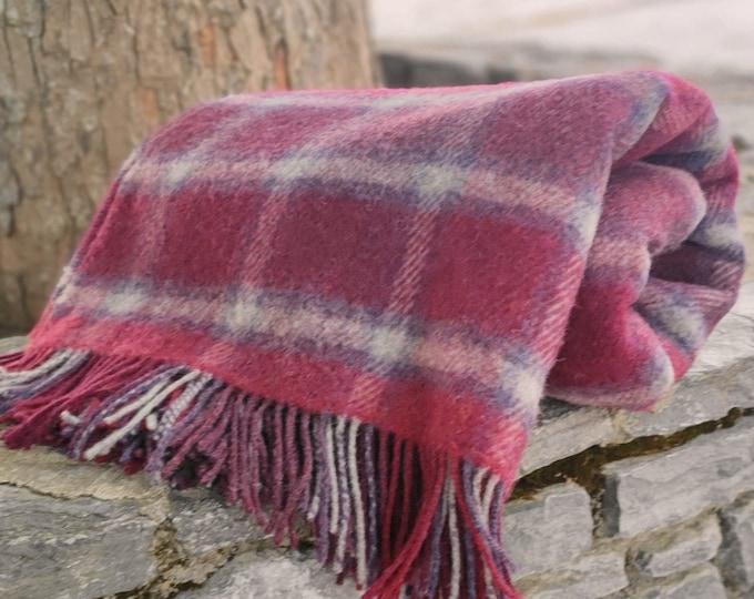 Large Irish Picnic Wool Blanket / Throw - 54" x 72" (137 x 182cm) - 100% Pure New Wool - Berry Red Grey Windowpane Check - MADE IN IRELAND