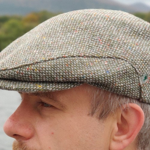 Navy Salt & Pepper Donegal Tweed Flat Cap with Ear Flaps Irish Tweed