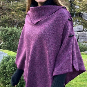 Irish Donegal Tweed Wool Poncho Cape Shawl Skirt  Handmade Pure New Wool Wrap -One Size Fits All- Versatile & Multi-Wear in Plum Herringbone