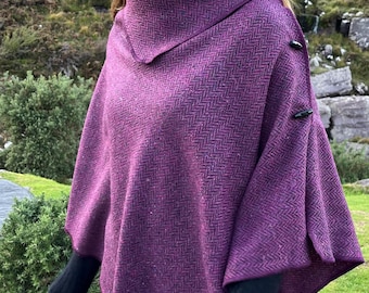 Irish Donegal Tweed Wool Poncho Cape Shawl Skirt  Handmade Pure New Wool Wrap -One Size Fits All- Versatile & Multi-Wear in Plum Herringbone