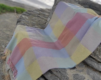 Supersoft Irish Lambswool Blanket/Throw - Pink Blue Yellow Lilac  Block Check - 137x180cm(54x71'') -100% Pure New Lambswool- MADE IN IRELAND