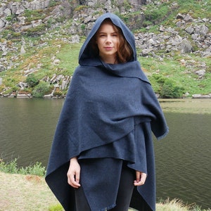 Irish Woven Wool Hooded Ruana, Cape, Rectangle Cloak, Wrap - 100% Pure New Wool - Plain Solid Dark Navy - Unisex - HANDMADE IN IRELAND