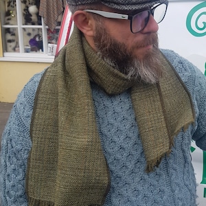 Irish tweed wool scarf - 100% pure new wool - green Irish tartan / plaid check - unisex -hand fringed - HANDMADE IN IRELAND