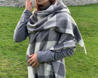 Extra Fine Merino Wool Shawl,Oversized Scarf,Stole, Wrap -White/Grey Buffalo Check- 100% Pure New Supersoft Merino Wool -HANDMADE IN IRELAND