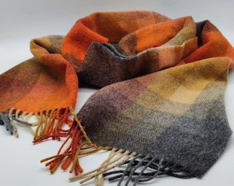 Irish Soft Lambswool Scarf - 100% Pure New Wool- Orange/Grey/Yellow Shadow Block Check  -Unisex- 10" X 78" (25cmX200cm)- HANDMADE IN IRELAND