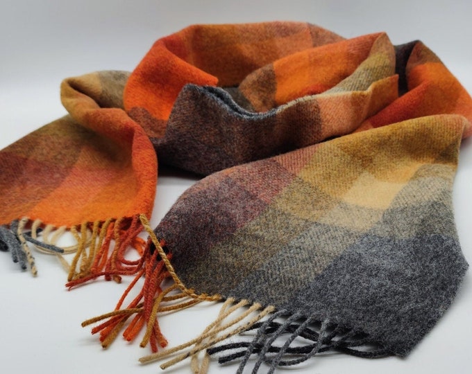 Irish Soft Lambswool Scarf - 100% Pure New Wool- Orange/Grey/Yellow Shadow Block Check  -Unisex- 10" X 78" (25cmX200cm)- HANDMADE IN IRELAND