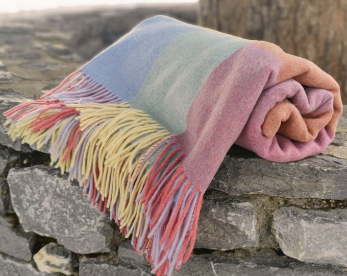 Supersoft Irish Lambswool Blanket/Throw - Pink Blue Yellow Lilac  Block Check - 137x180cm(54x71'') -100% Pure New Lambswool- MADE IN IRELAND