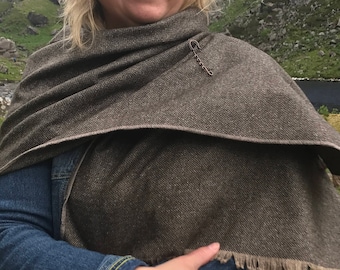 Irish tweed wool shawl- oversized scarf,wrap,stole-brown&beige herringbone-light weight fabric - 100% wool- Handmade in Ireland