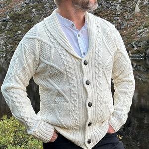 Mens Aran Cardigan - Irish Cardigan - Natural White
Buttoned Cardigan
Wool Cardigan