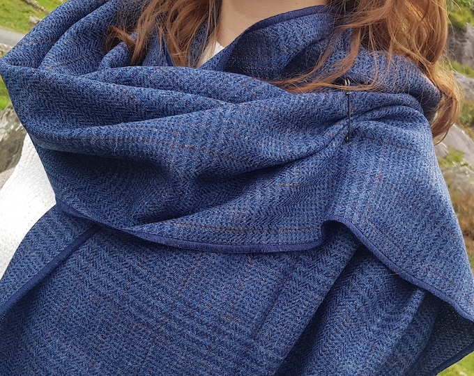Irish tweed shawl, oversized scarf, stole - blue/navy plaid, tartan, check - 100% wool - hand fringed - HANDMADE IN IRELAND