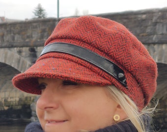 Women's Irish Tweed Newsboy Hat, Red Herringbone Wool, Handmade in Ireland