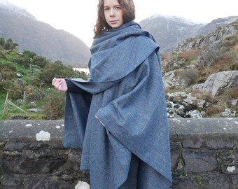 Irish Donegal Tweed Wool Ruana, Wrap, Cape, Cloak - Denim Blue & Grey Herringbone With Overcheck - 100% Pure New Wool - HANDMADE IN IRELAND
