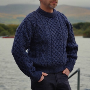 Traditional Aran Sweater - 100% Pure New Wool - Navy / Denim - Chunky & Heavy - Proper Aran Sweater - MADE IN IRELAND