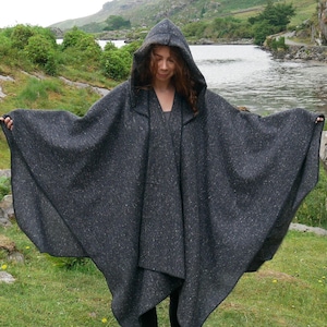 Irish Donegal Tweed Wool Hooded Ruana, Cape - Charcoal/Grey Salt & Pepper - Speckled -100% Pure New Wool -medium weight- HANDMADE IN IRELAND