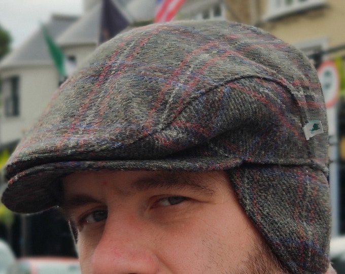 Traditional Irish Tweed Flat Cap - Green Red Blue Tartan / Plaid / Check - 100% Wool - Padded - With Foldable Ear Flaps -HANDMADE IN IRELAND