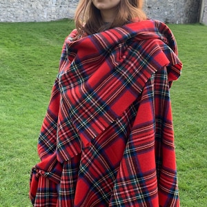 Irish Pure Lambswool Cape, Ruana, Wrap, Shawl - 100% Pure New Wool - Royal Stewart Tartan/Plaid Check - Supersoft - HANDMADE IN IRELAND