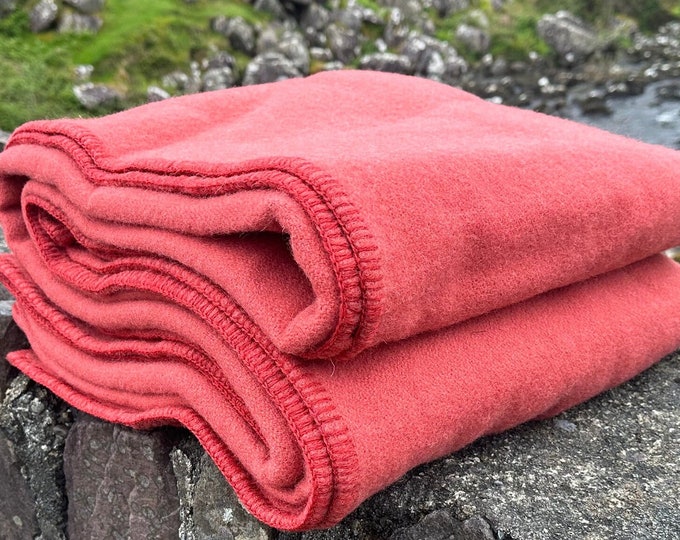Luxurious Heavy Solid Coral 100% Pure New Irish Wool Blanket – Mulesing-Free, Handcrafted in Ireland – 90" x 100" - Queen Bed Wool Throw
