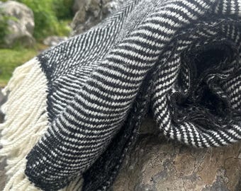 Handloomed / Handwoven Heavy Blanket/Throw - Large Herringbone Pattern - 100% Pure New Wool -with Teasels -Black/White - HANDMADE IN IRELAND