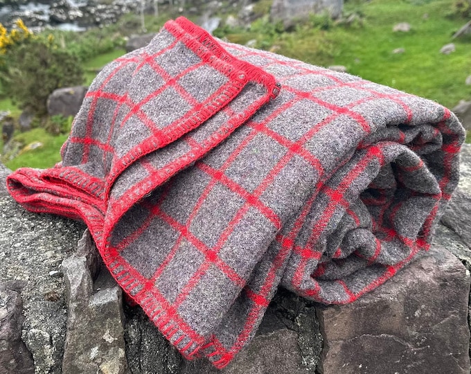 Queen Size Traditional Heavy 100% Pure New Irish Wool Blanket – Red Check Pattern – Mulesing-Free, Handcrafted in Ireland – 100" x 90" -