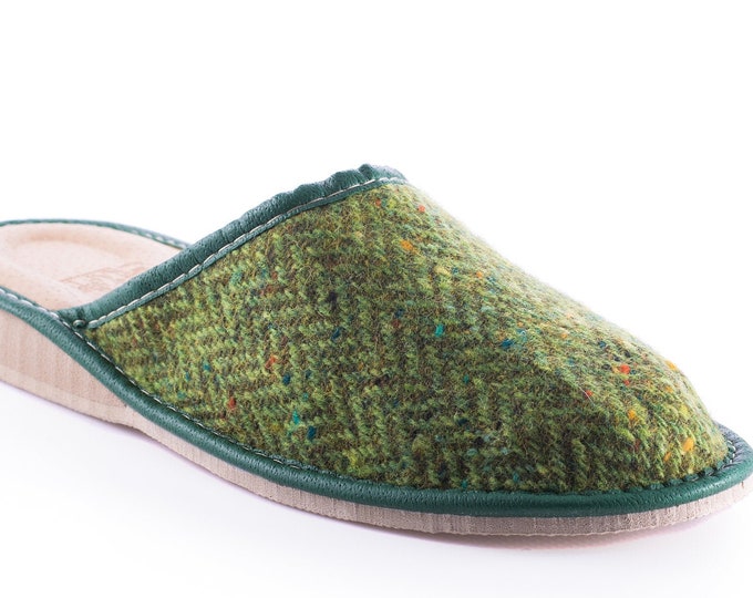 Womens Irish tweed & leather slippers  - green speckled herringbone - HANDMADE IN IRELAND