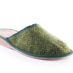 Pantofole da donna in tweed irlandese e pelle - motivo a spina di pesce verde maculato - FATTE A MANO IN IRLANDA
