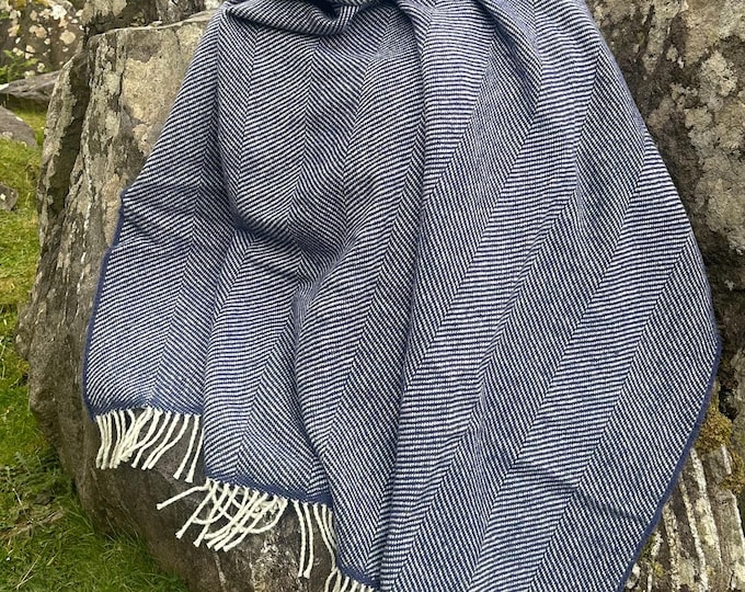 Handloomed Heavy Blanket/Throw -Large Herringbone Pattern- 100% Pure New Wool -with Teasels-Purple/White- Mulesing Free -HANDMADE IN IRELAND