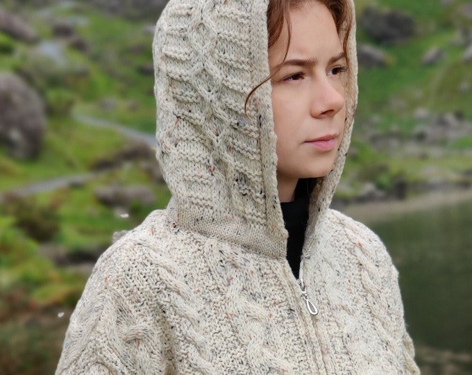 Irish Aran Long Hooded Zipper Cardigan With Pockets - Cream Nep / With Fleck - 100% Pure New Wool - Really Warm & Chunky - MADE IN IRELAND