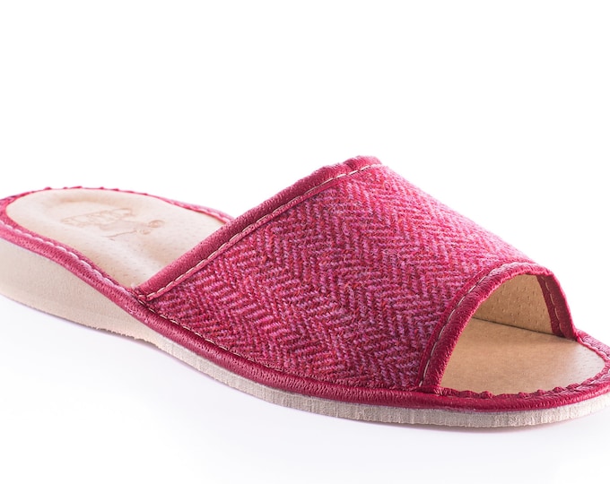 Womens Irish tweed & leather slippers  - pink/red herringbone - HANDMADE IN IRELAND