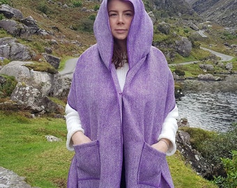Irish tweed hooded shawl, oversized scarf, stole - purple herringbone  - 100% wool - hand fringed - ready for shipping - HANDMADE IN IRELAND