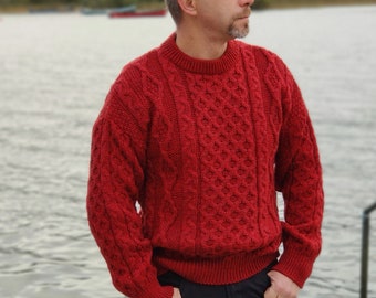 Traditional Aran Sweater - 100% Pure New Wool - Red - Chunky & Heavy - Proper Irish Sweater - MADE IN IRELAND - ready for shipping