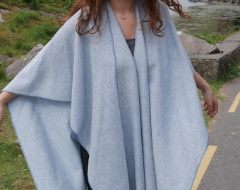 Irish Tweel Woven Wool Ruana, Wrap, Cape - Baby Blue & White Chevron - 100% Pure New Wool - Lightweight - HANDMADE IN IRELAND
