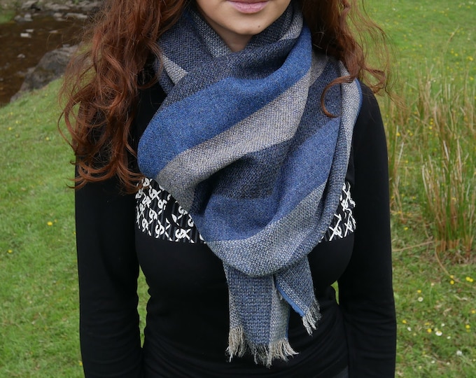 Irish tweed wool shawl, oversized scarf, stole - grey/blue/black stripes - hand fringed - 100% wool  - HANDMADE IN IRELAND