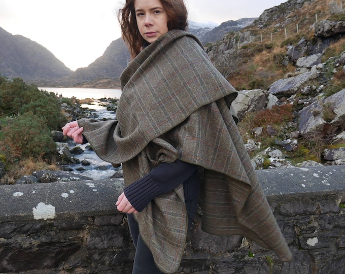 Irish tweed wool ruana, wrap, cape, coat, arisaid - brown/green  Irish tartan/ plaid check - 100% wool - HANDMADE IN IRELAND