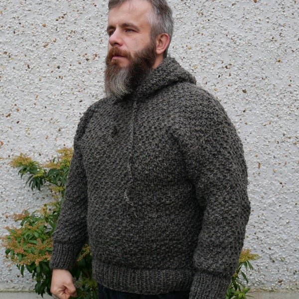 Irish Medieval sweater - hooded - dragon scale pattern -100% raw wool-organic-hand spun wool yarn -UNDYED - grey -Hand knitted in Ireland