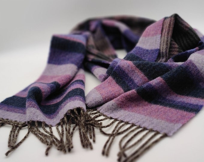 Irish Soft Lambswool Scarf -Pure New Wool- Reversible -Purple/Navy/Coral Pink/Very Peri - Striped- 10"X78"(25cmX200cm) - HANDMADE IN IRELAND