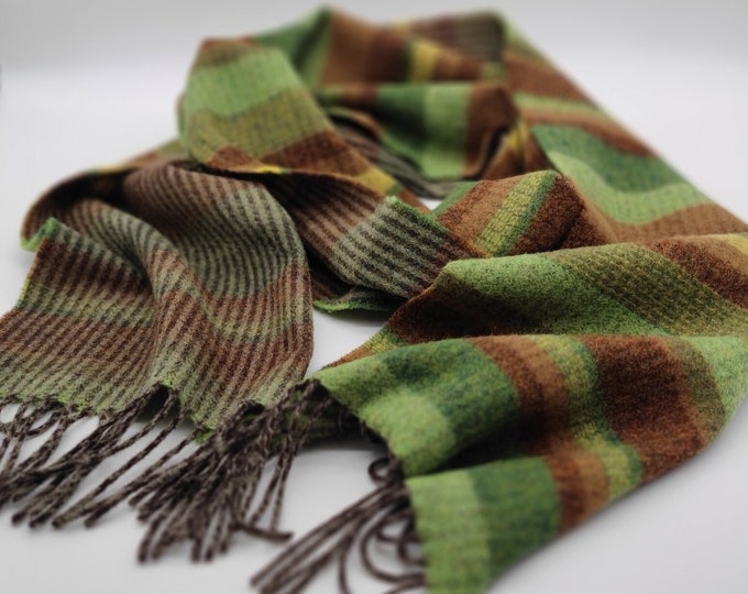 Irish Soft Lambswool Scarf - 100% Pure New Wool - Reversible - Brown/Green/Bronze  - Striped - 10" X 78" (25cmX200cm) - HANDMADE IN IRELAND