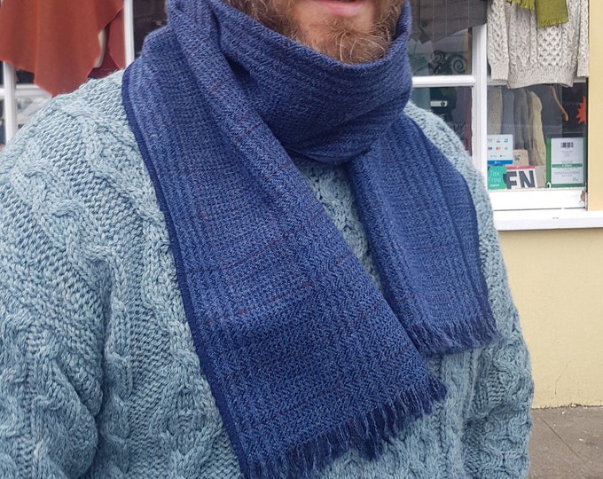 Irish tweed wool scarf - 100% pure new wool - blue/navy Irish tartan / plaid check - unisex -hand fringed - HANDMADE IN IRELAND