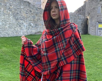 Hooded Irish Pure Lambswool Cape, Ruana, Wrap , Shawl - 100% Pure New Wool -Royal Stewart Tartan/Plaid Check -Supersoft -HANDMADE IN IRELAND