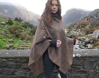 Versatile 3in1-Irish tweed poncho, cape & shawl - brown Irish tartan / plaid check - 100% wool - Handmade in Ireland