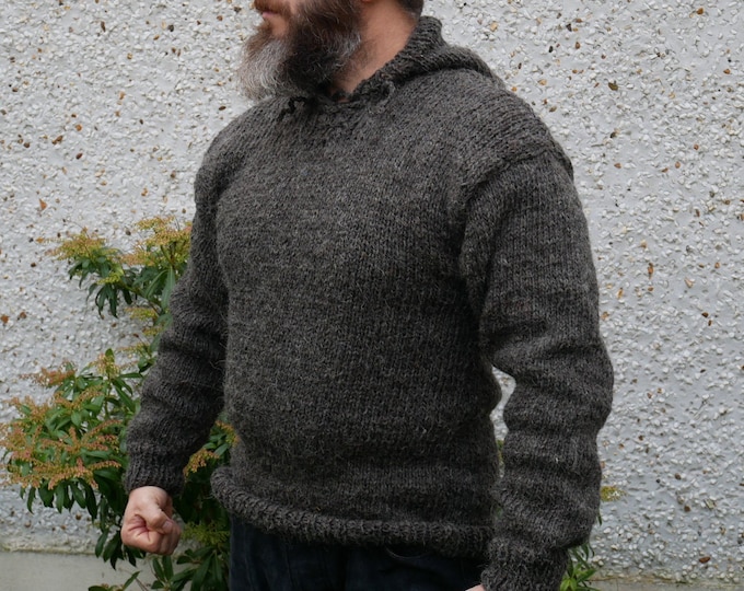 Authentic Irish Fisherman sweater-hooded-ribbed pattern-gray-100% raw wool-hand spoon yarn-unprocessed -UNDYED -Hand knitted in Ireland