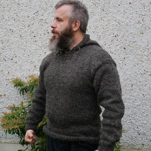 Authentic Irish Fisherman sweater-hooded-ribbed pattern-gray-100% raw wool-hand spoon yarn-unprocessed UNDYED Hand knitted in Ireland image 1